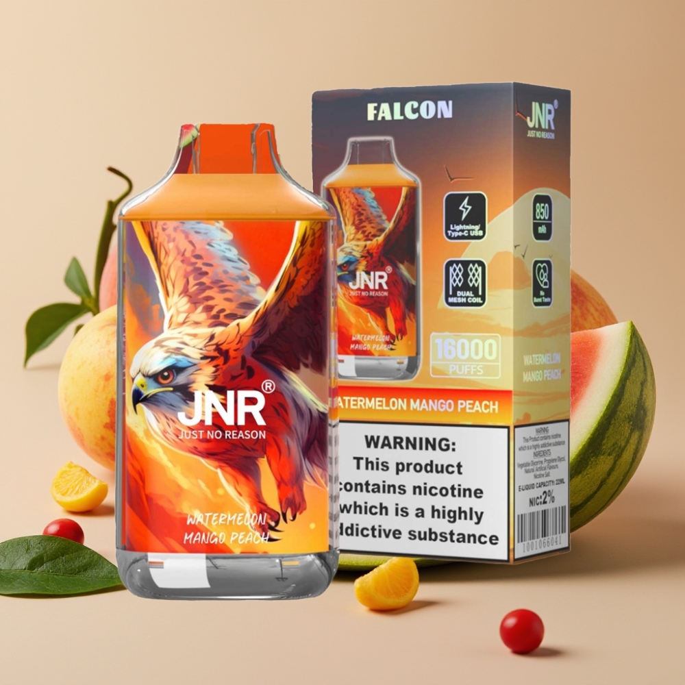 JNR Falcon 16000 Puffs Dual Mesh Coil 22ml Smart LED Display Watermelon Mango Peach