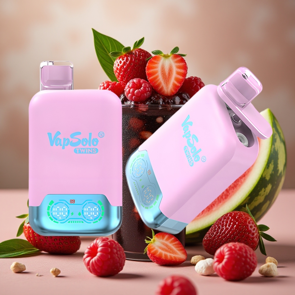 Vapsolo Twins 20000 Puffs 40ml Dual Tank Type-C Black Ice Dragon Fruit Strawberry & Raspberry Watermelon